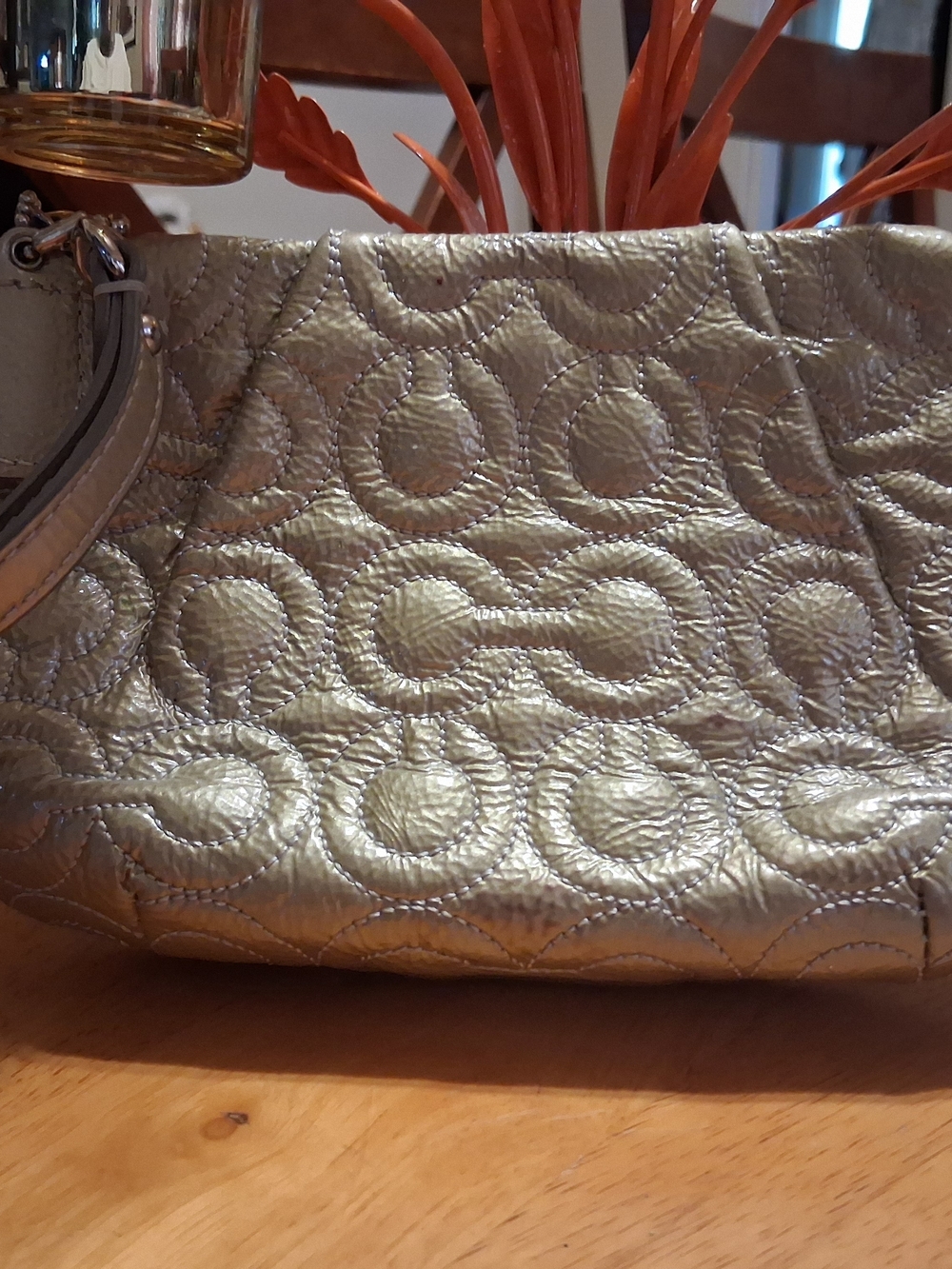 Coach Metallic Gold Leather Embossed C Pattern Wristlet Clutch